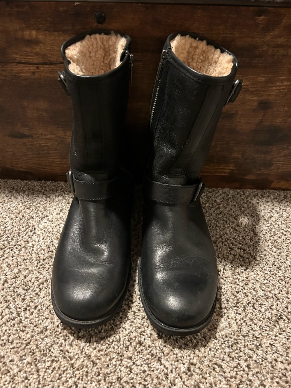 UGG | Black Leather Shearling-Lined Mid-Calf Boots | Lug Sole